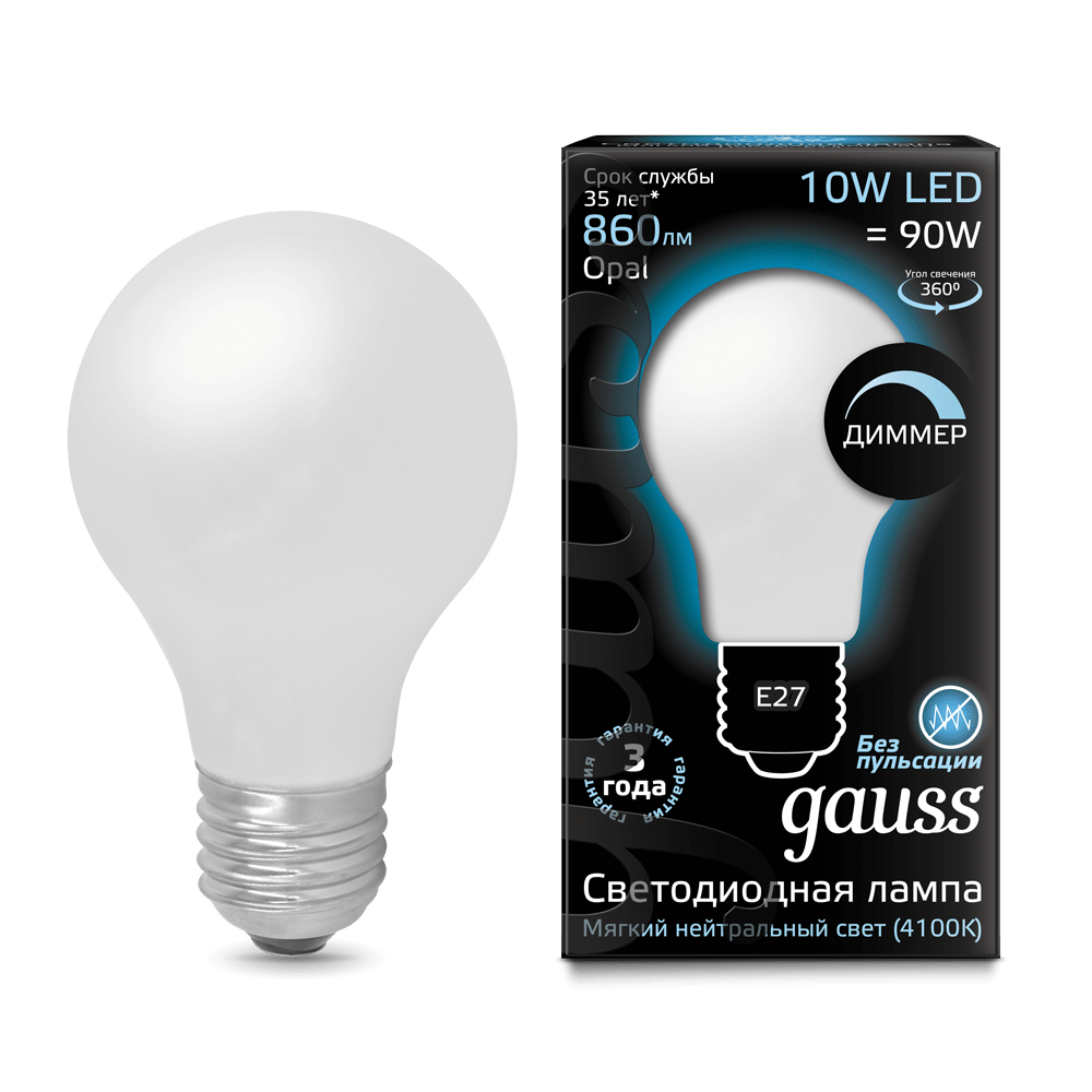 Gauss LED Լամպ E27 Դիմ. 10W 4100К Ֆիլամենտ Օպալ A60 860Lm  
