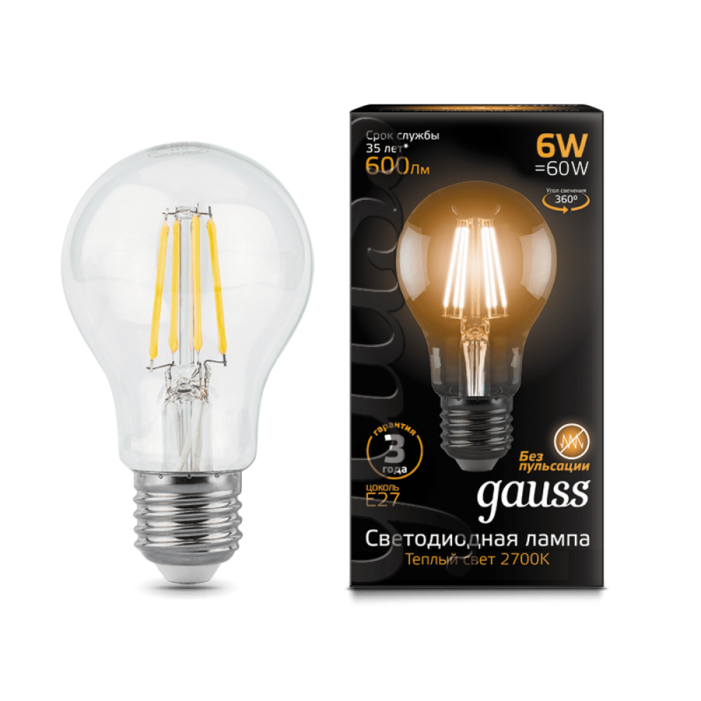 Gauss LED Լամպ E27 6W 2700К Ֆիլամենտ A60 600Lm  
