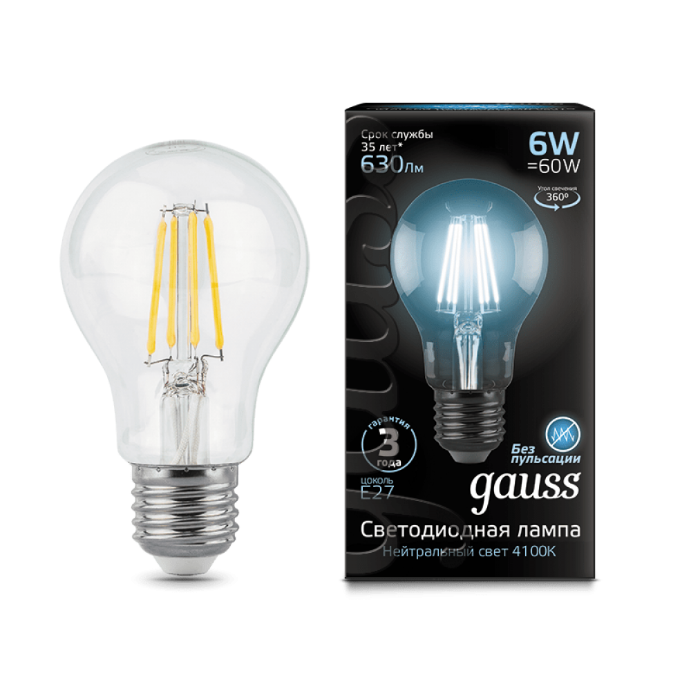 Gauss LED Լամպ E27 6W 4100К Ֆիլամենտ A60 630Lm  