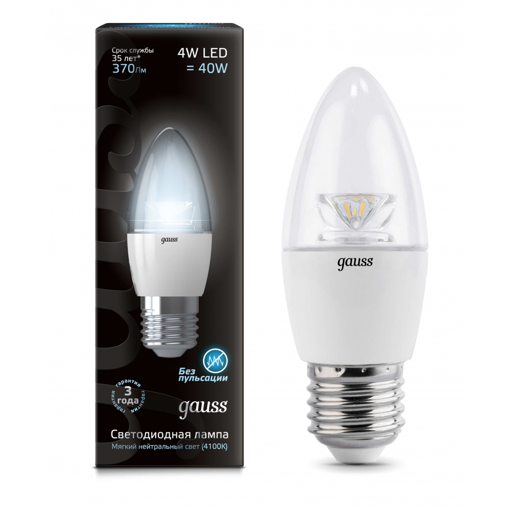 Gauss LED Լամպ E27 Մոմ Թափանցիկ 4W 4100K