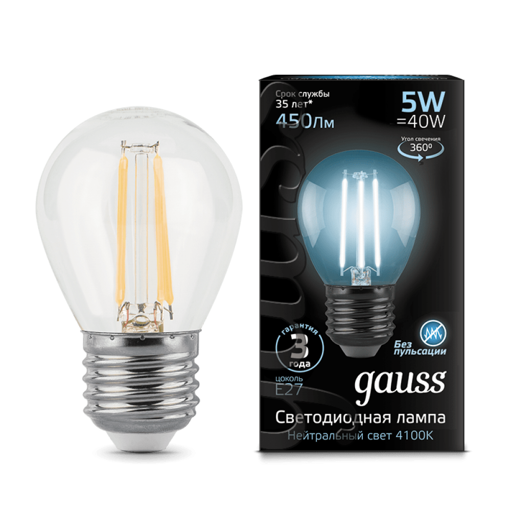 Gauss LED Լամպ E27 5W 4100K Ֆիլամենտ Շարիկ 450Lm  