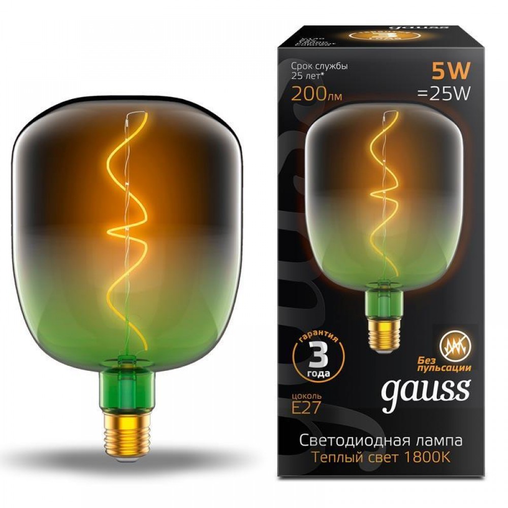 Gauss LED Լամպ E27 Ֆիլամենտ V140 5W 200Lm 1800К Green-Clear Ճկուն 